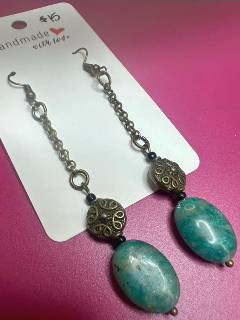 Handmade Turquoise Drop Dangle Earrings with Antique Brass Accents